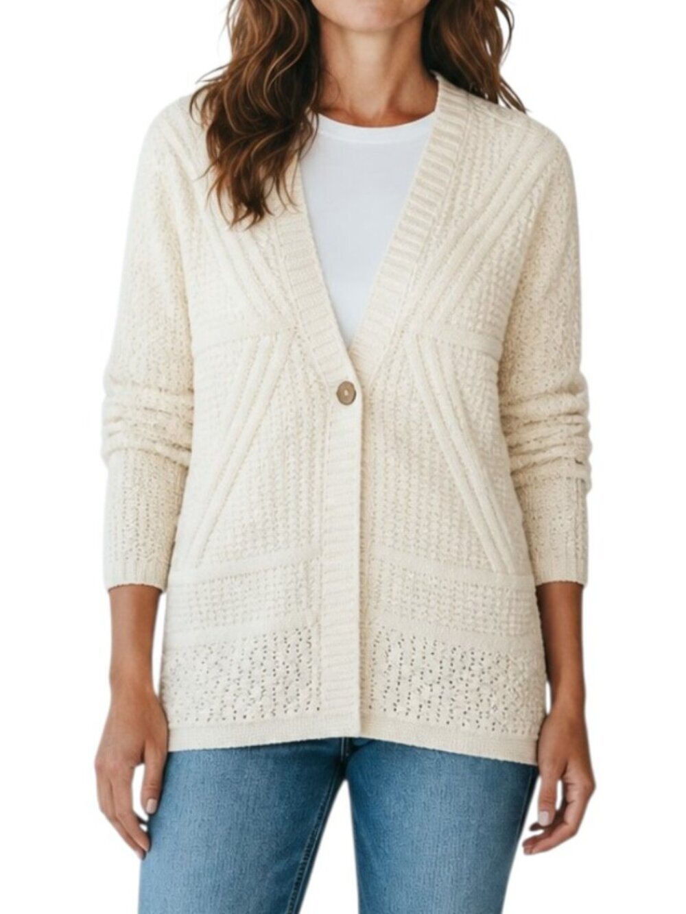 J. Jill Cotton Blend Cream One Button Knit Cardigan
